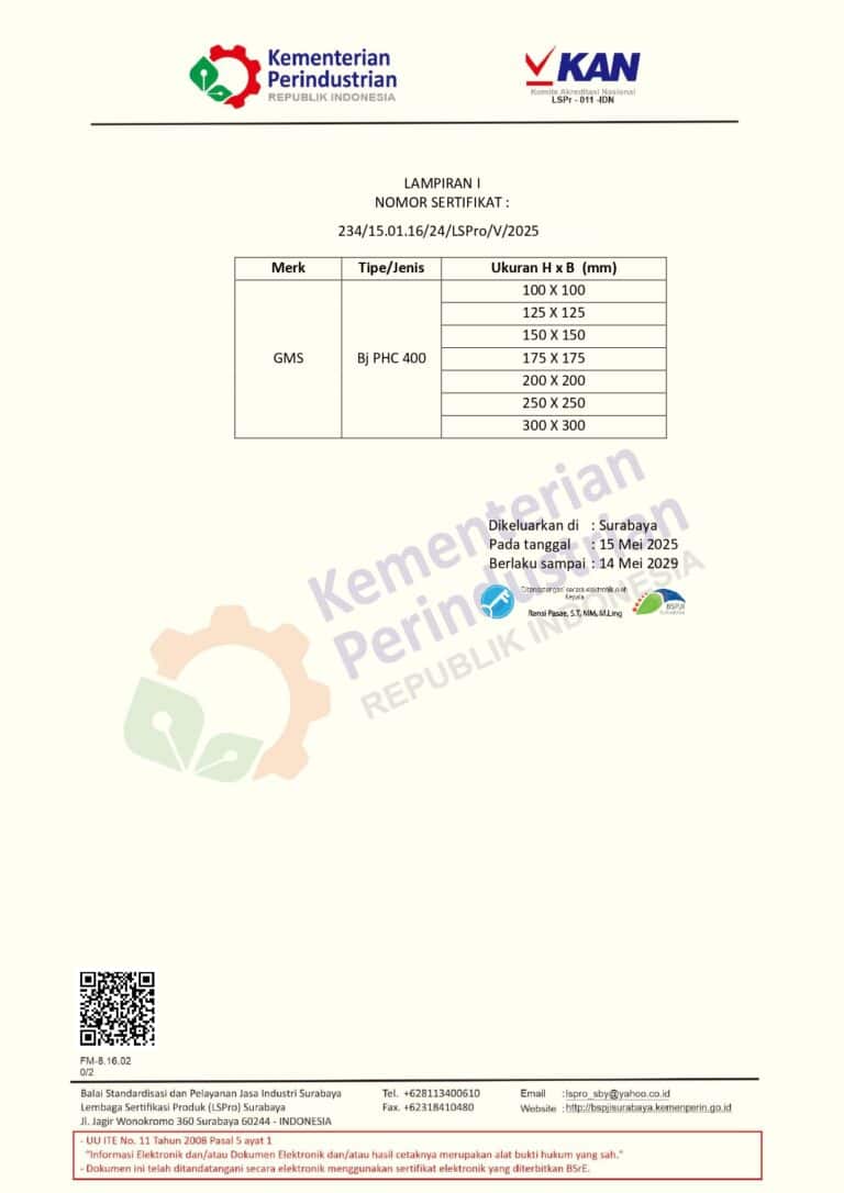 Sertifikat Produk SNI PT GMS (Baja Profil H-beam) 2