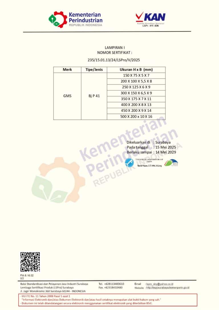 Sertifikat Produk SNI PT GMS (Baja Profil Wf-beam) 2